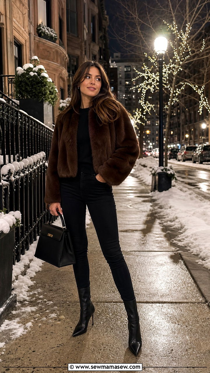 Faux fur coat with skinny jeans and heeled winter boots - 40 What to wear in Boston