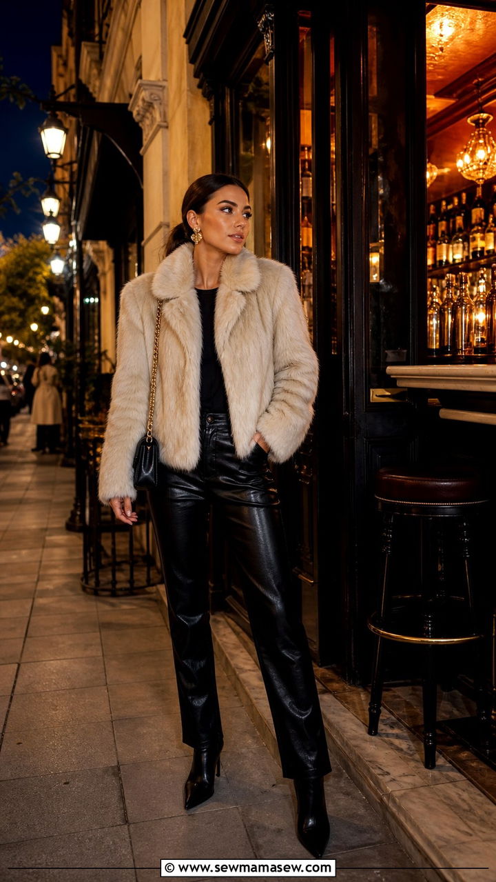 Faux fur jacket with leather trousers and heeled ankle boots - 40 What to wear in Madrid