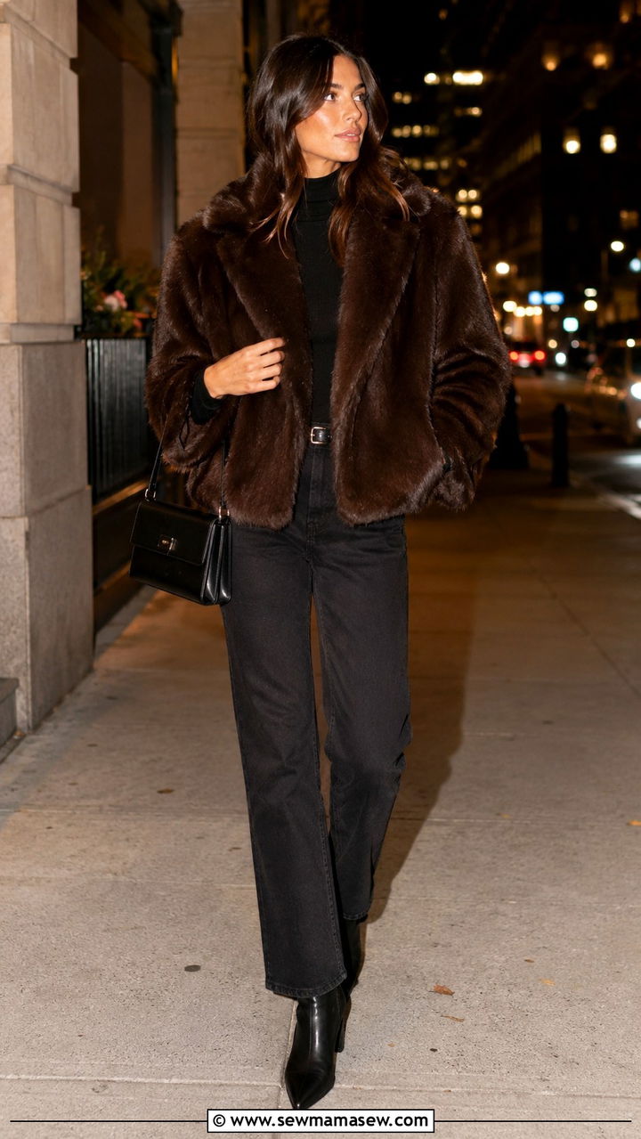 Faux fur jacket with straight leg jeans - 30 classy jacket outfits