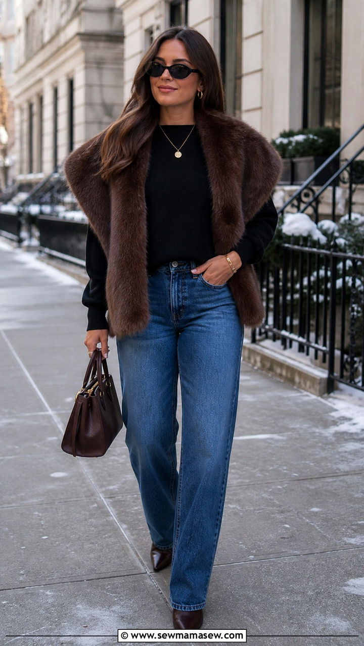 Faux fur stole and jeans outfit - 40 It girl outfit ideas