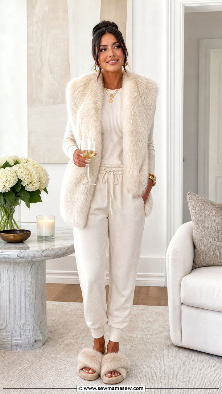 Faux fur vest over a knit sweater and joggers - 35 Hygge loungewear outfit ideas