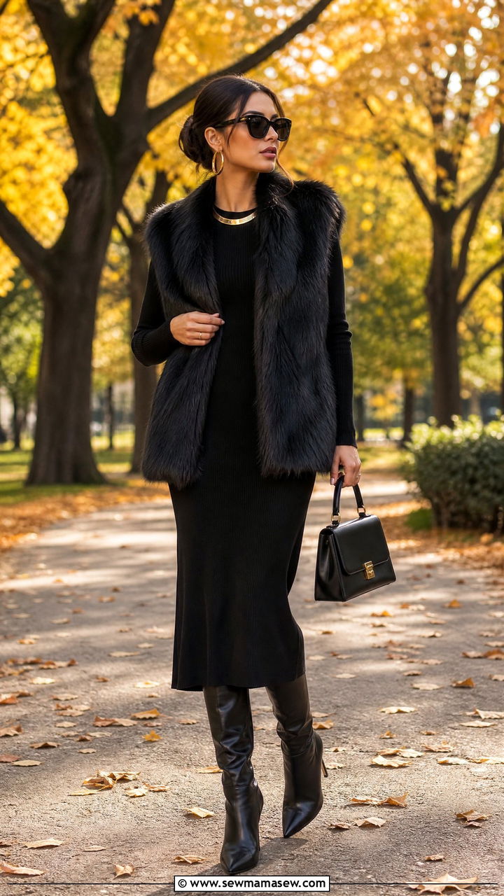 Faux fur vest with black midi dress - 35 Mob wife outfit ideas
