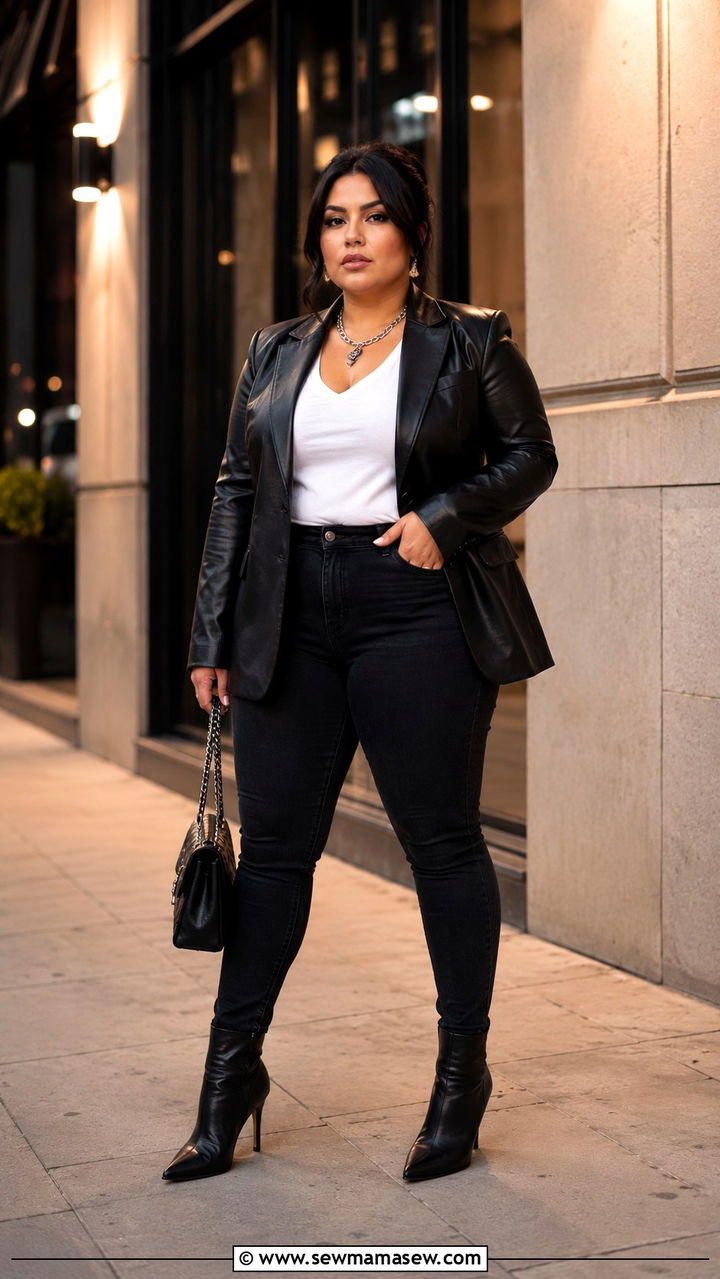 Faux leather blazer with dark skinny jeans - 30 Petite plus size outfit ideas