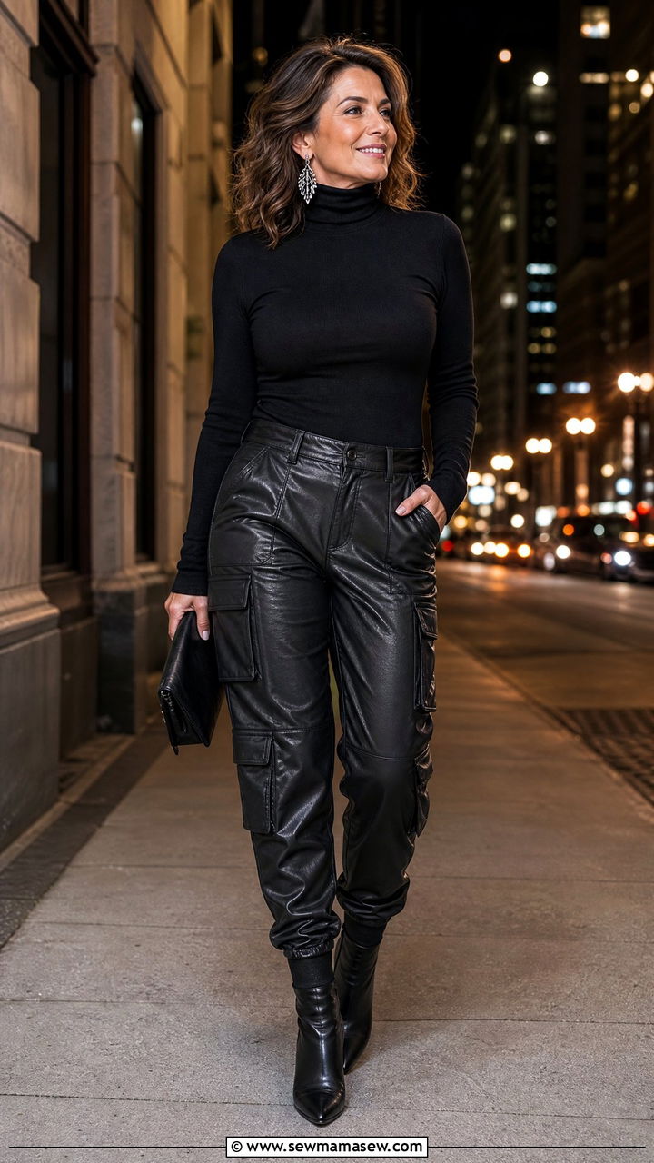 Faux leather cargo pants with turtleneck outfit - 25 Cargo pants outfit ideas for women over 40