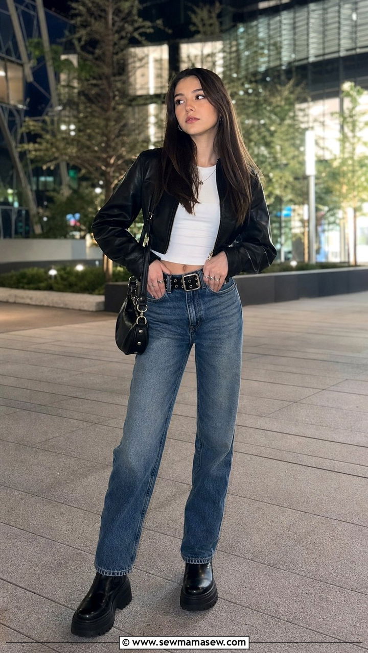 Faux leather jacket with straight leg jeans - 25 Cute outfits for 17 year olds