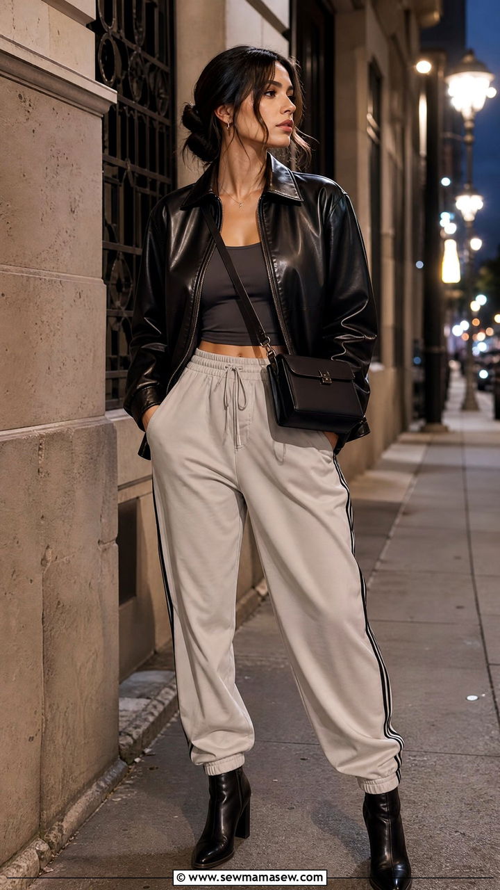 Faux leather jacket with track pants and ankle boots - 30 classy sporty chic outfits