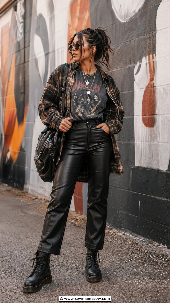 Faux leather pants and vintage band tee edgy outfit - 35 First day of college outfit ideas