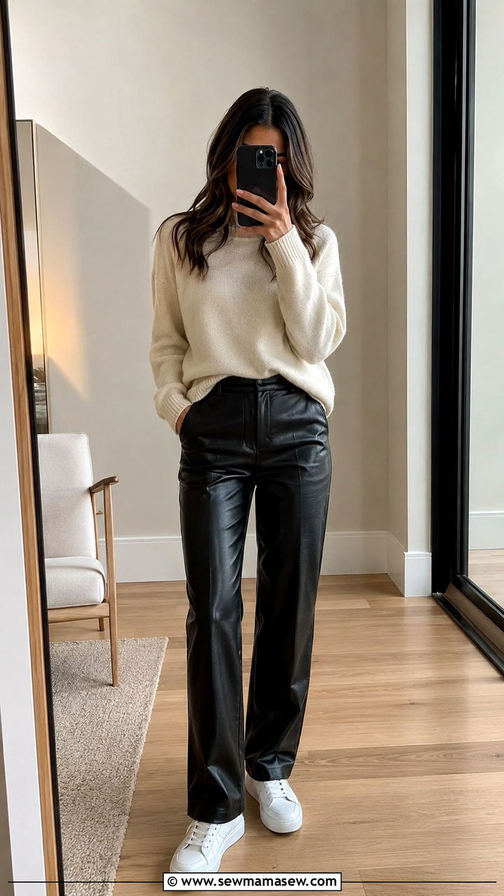Faux leather pants with cashmere sweater and sneakers - 30 transitional sneaker outfit ideas