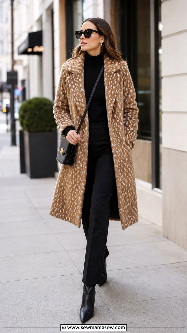 Fawn Print Coat With Black Base Layers - 20 March outfit ideas 2026