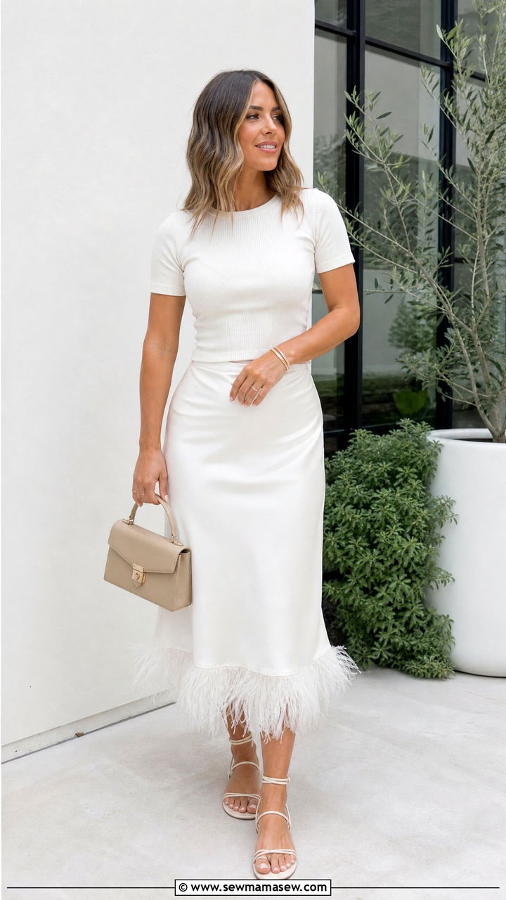 Feather Trim Midi Skirt and Ribbed Tee - 30 Fashion trends 2026 outfits