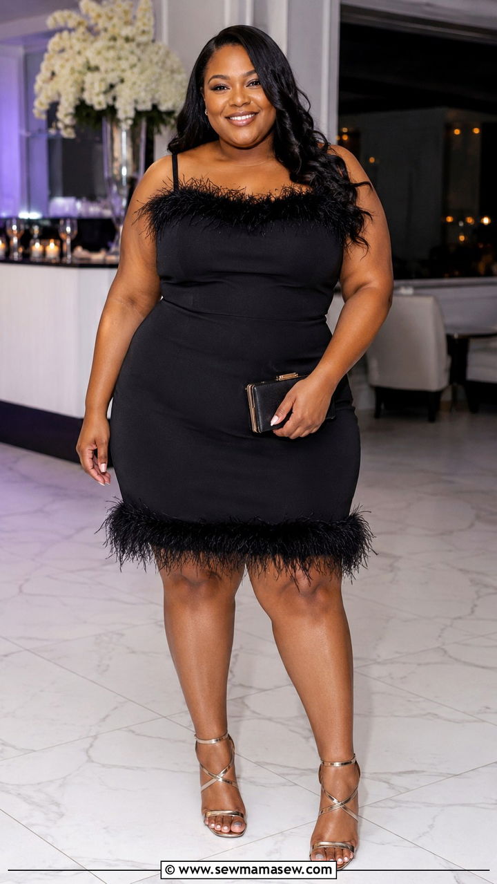 Feather Trimmed Cocktail Dress With Strappy Sandals - 30 Party outfits for plus size