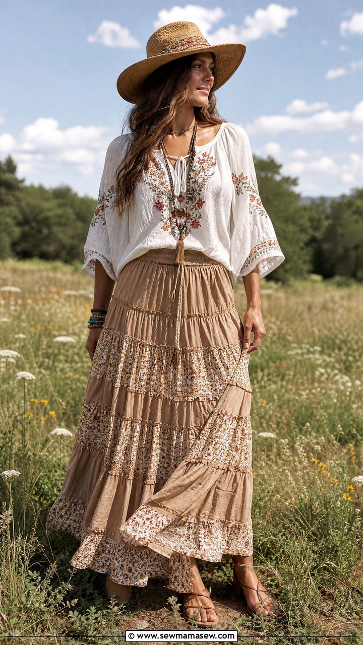 Fedora With a Boho Skirt and Embroidered Top - 30 Fedora outfit ideas