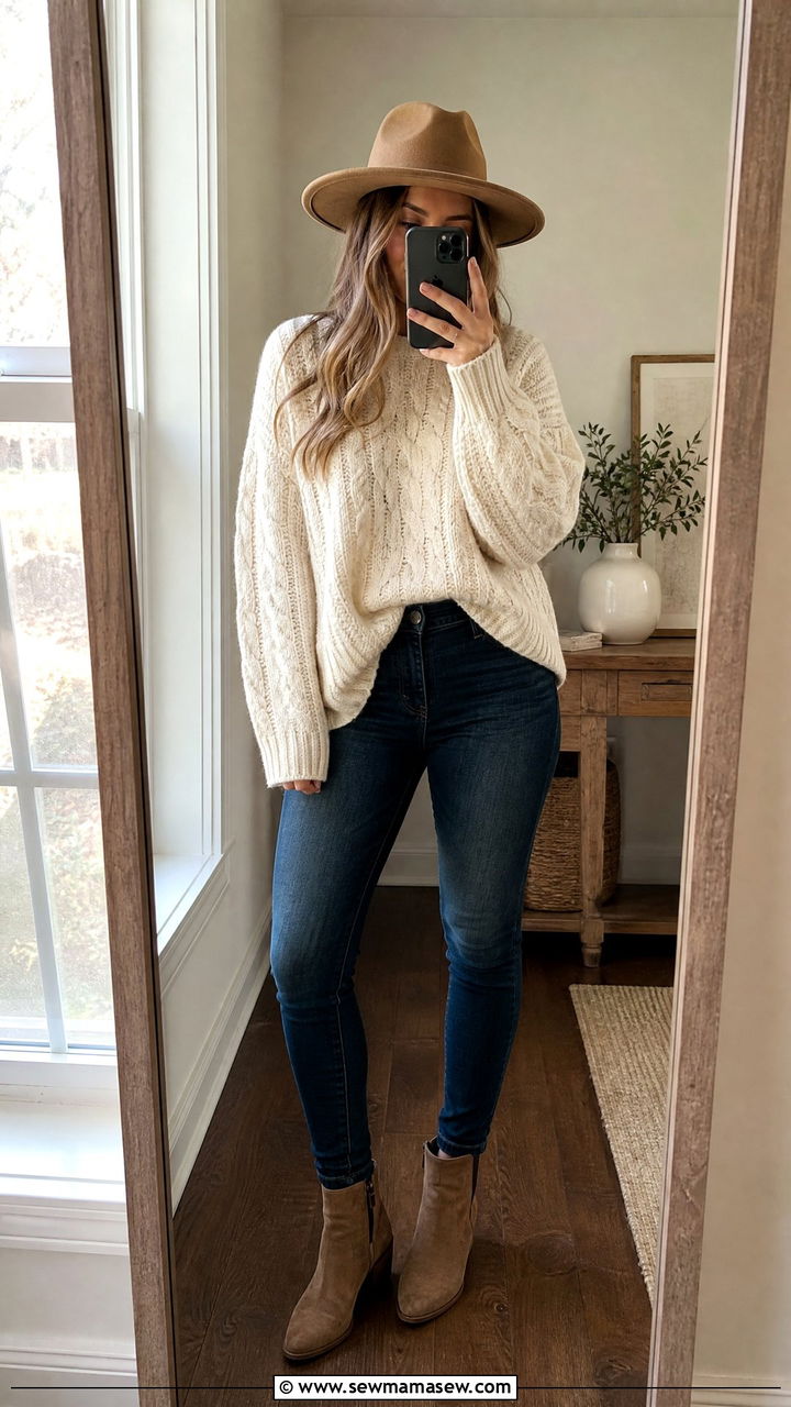 Fedora With a Chunky Sweater and Skinny Jeans - 30 Fedora outfit ideas