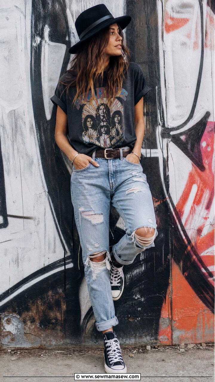 Fedora With a Graphic Tee and Distressed Denim - 30 Fedora outfit ideas