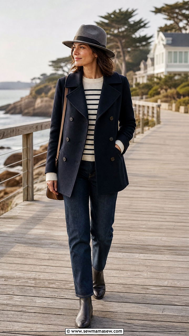 Fedora With a Peacoat and Straight Leg Jeans - 30 Fedora outfit ideas