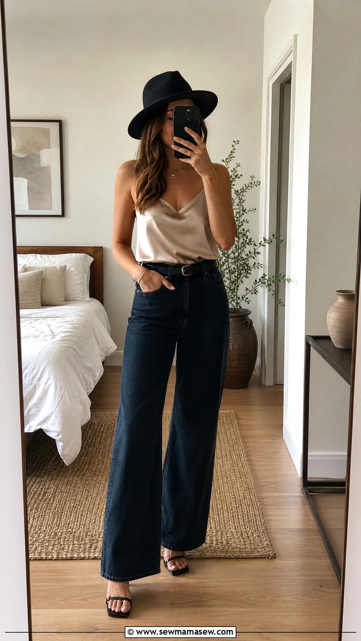 Fedora With a Silk Camisole and High Waisted Jeans - 30 Fedora outfit ideas