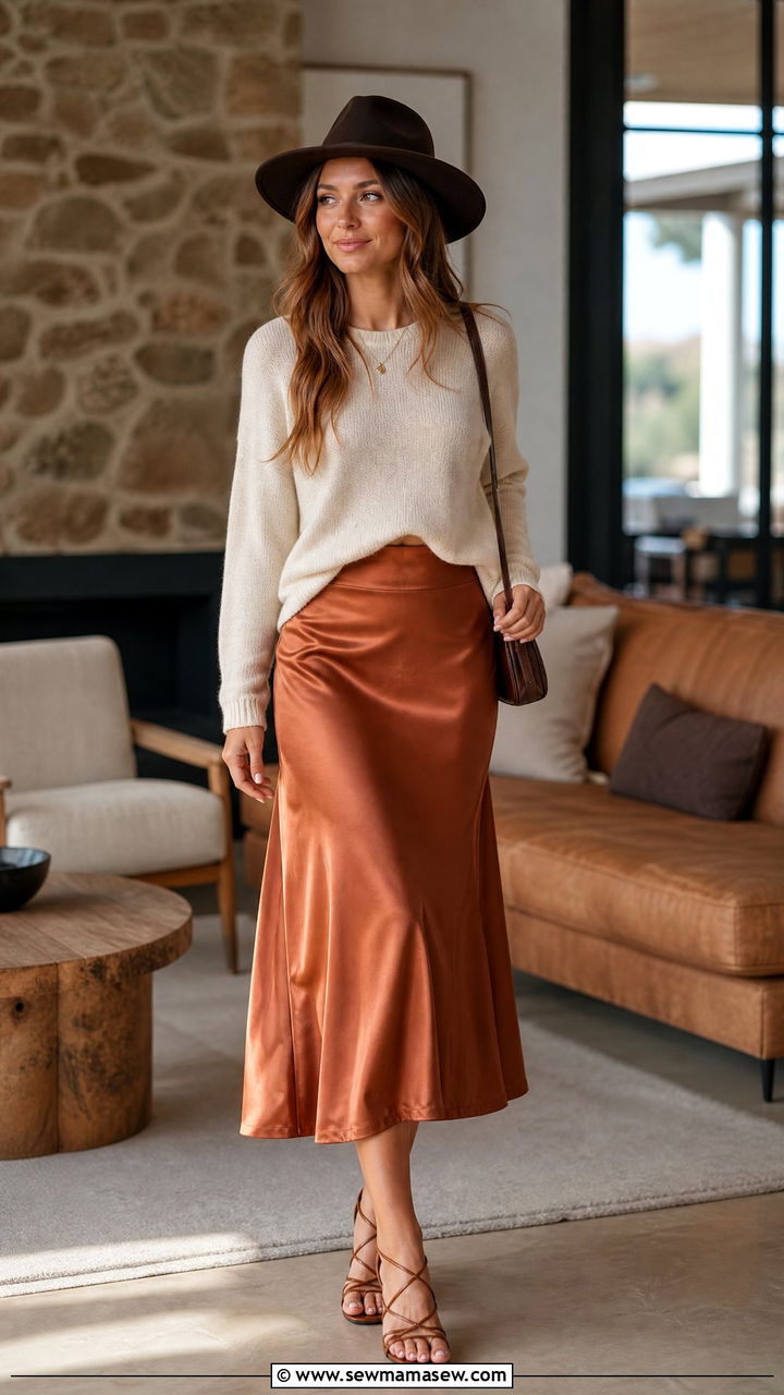 Fedora With a Slip Skirt and Knit Top - 30 Fedora outfit ideas