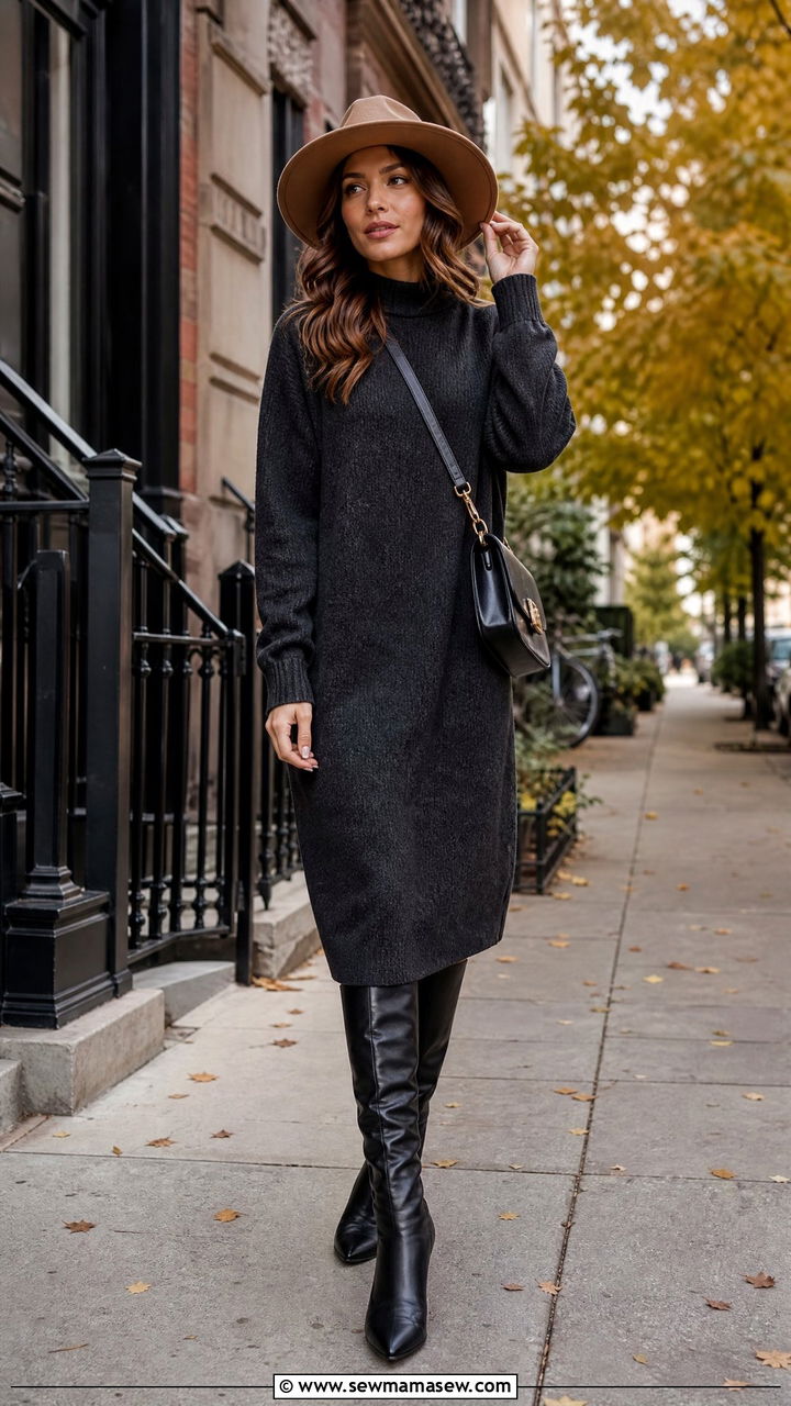 Fedora With a Sweater Dress and Knee High Boots - 30 Fedora outfit ideas