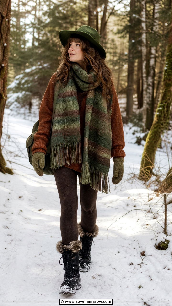 Felt hat and oversized scarf winter outfit with sweater and snow boots - 30 Goblincore outfit ideas