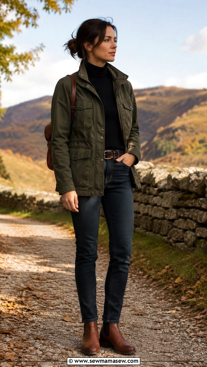 Field Jacket With a Turtleneck and Slim Dark Jeans - 30 Light jacket weather outfit ideas