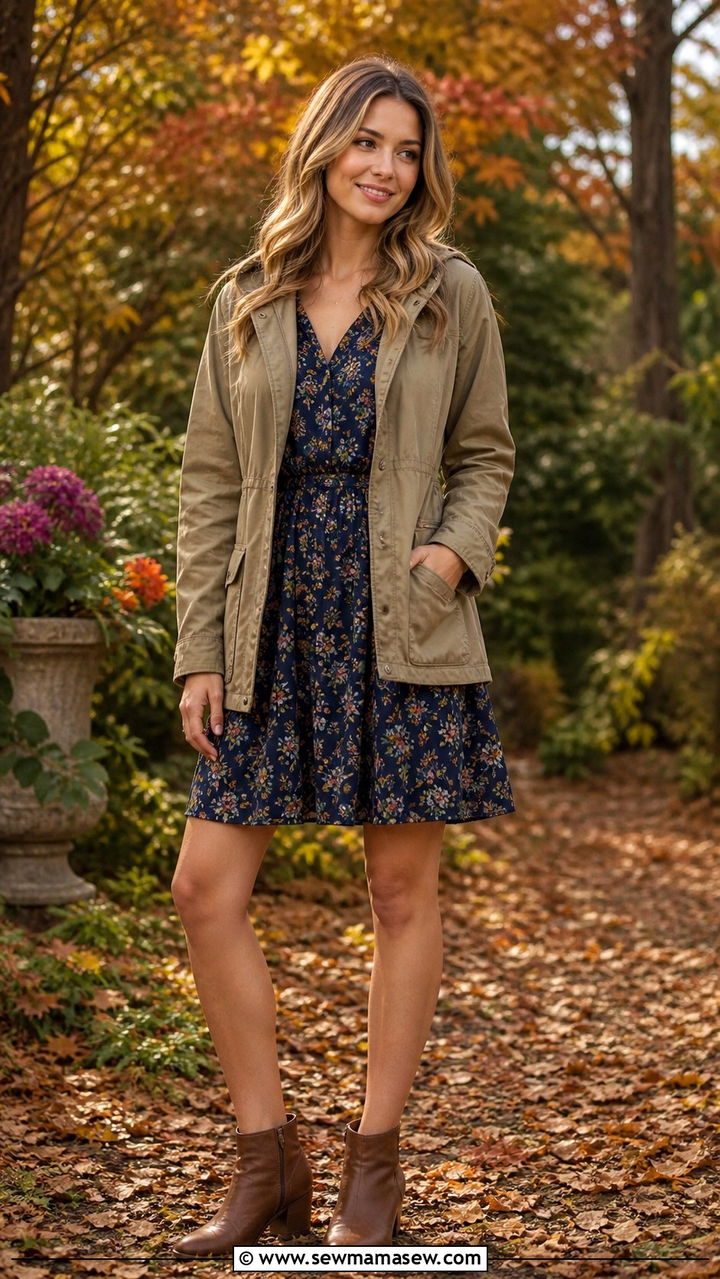 Field Jacket with Floral Tea Dress and Ankle Boots - 40 jacket outfits for women