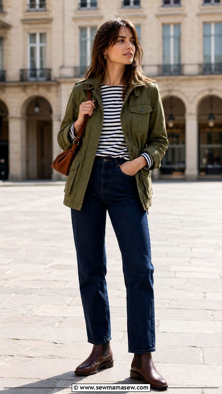 Field Jacket with Striped Shirt and Dark Denim - 20 Spring outfits for 45 degree weather