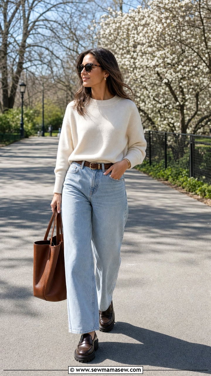 Fine Cashmere Sweater with Wide Leg Jeans and Loafers - 25 spring model off duty outfit ideas