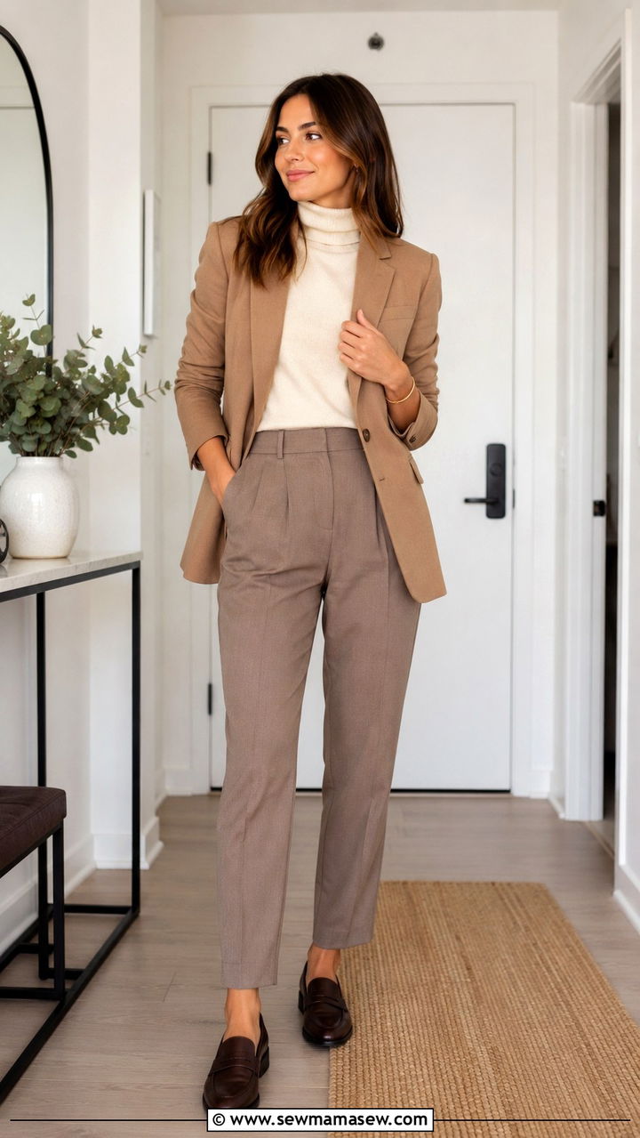 Fine Gauge Turtleneck and Tailored Blazer Outfit - 20 Quiet luxury outfit ideas Succession Logan