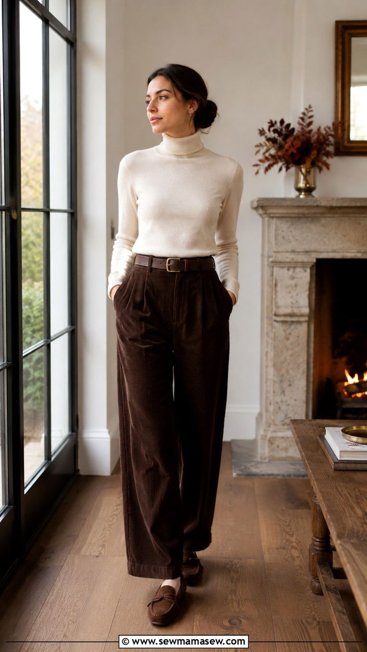 Fine Gauge Turtleneck with Corduroy Trousers - 25 Old money outfit ideas with driving loafers