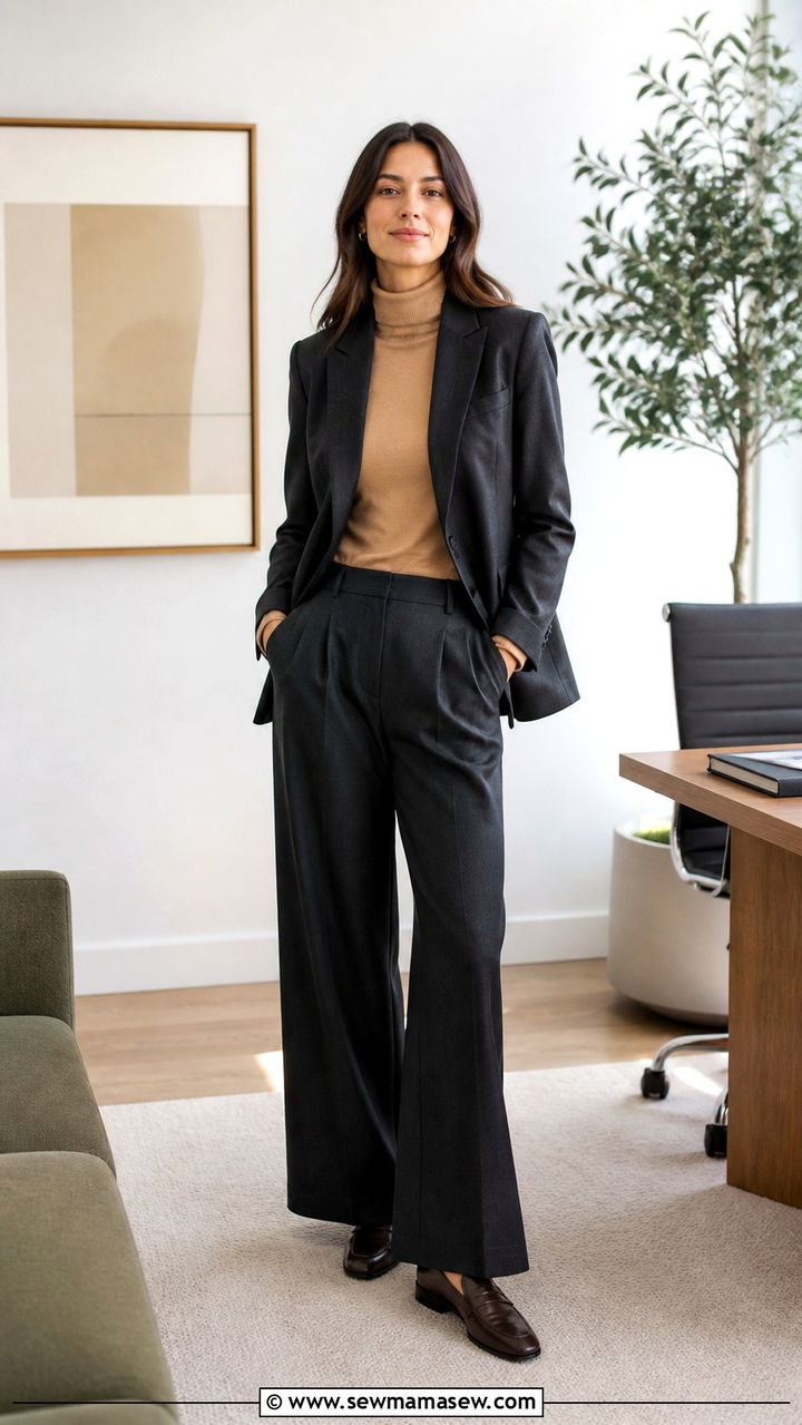 Fine Gauge Turtleneck with a Tailored Blazer and Wide Leg Trousers - 40 Job interview outfit ideas
