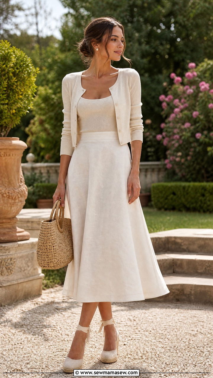 Fine Knit Cardigan Set With Linen A Line Skirt Outfit - 30 Summer cozy outfit ideas