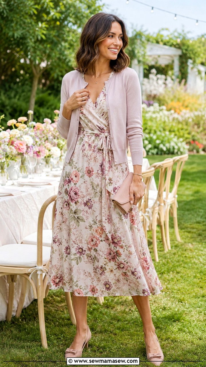 Fine Knit Cardigan with Floral Wrap Midi Dress and Kitten Heels - 30 Midi dress outfit ideas with a cardigan