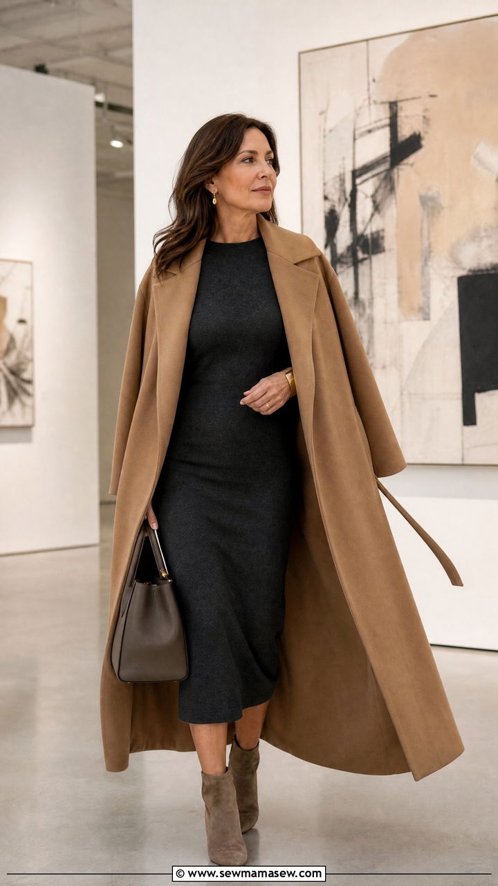 Fine Knit Midi Dress with Statement Coat - 30 Quiet luxury outfits for women over 50