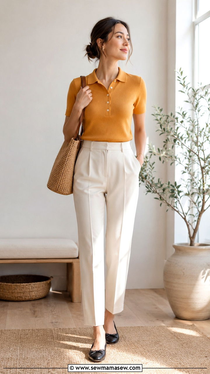 Fine Knit Polo Shirt With Tailored Trousers and Ballet Flats - 30 business casual outfits 2026