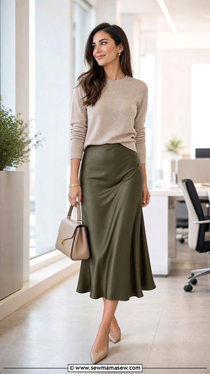 Fine Knit Sweater and Midi Skirt Office Outfit - 35 Business casual outfits for first job