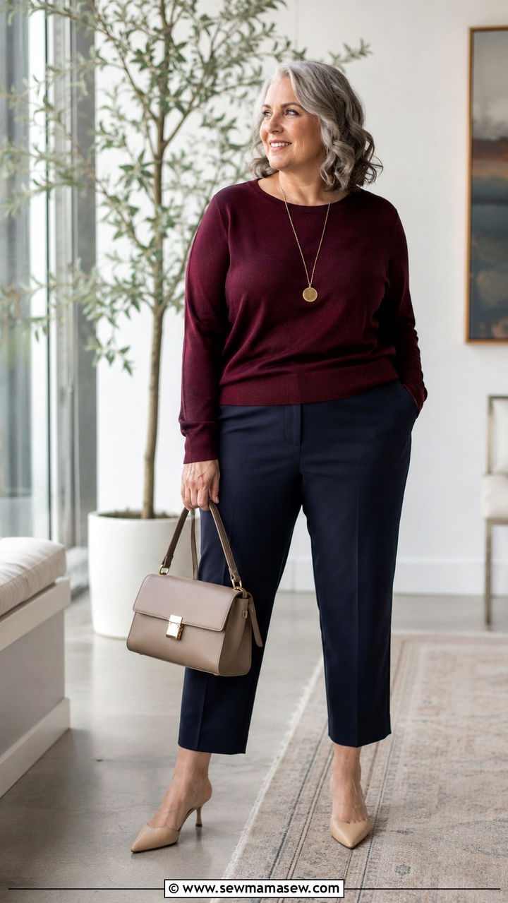 Fine Knit Sweater with Cropped Trousers - 30 Plus size outfit ideas for women over 50