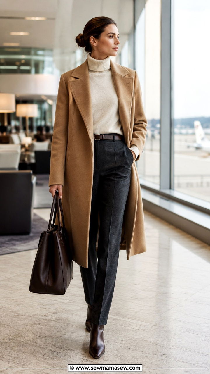Fine Merino Roll Neck Under Camel Coat With Tailored Trousers - 30 Old money outfit ideas for airport