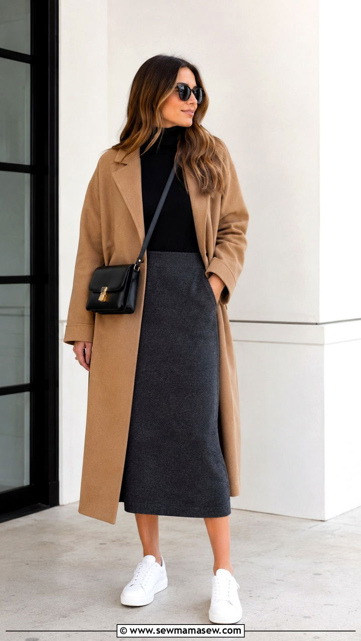 Fine Turtleneck and Midi Skirt with White Sneakers - 25 Parisian outfit ideas in April