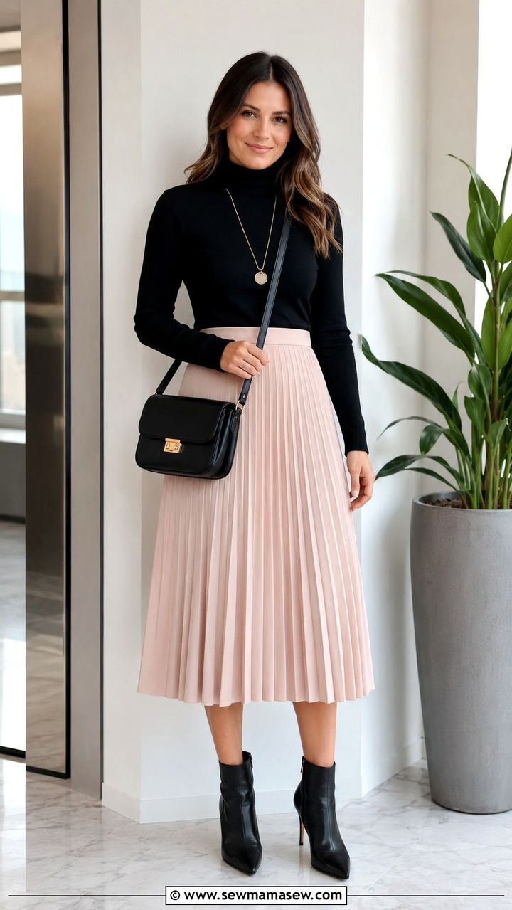 Fine gauge black turtleneck with a blush pleated midi skirt - 30 Spring outfits with light sweaters