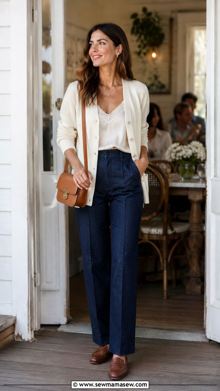 Fine knit cardigan with tailored denim trousers - 30 Quiet luxury outfit ideas for brunch