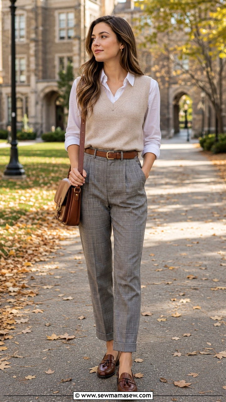 Fine knit crewneck sweater with wool trousers and loafers - 30 Sweater outfit ideas for work