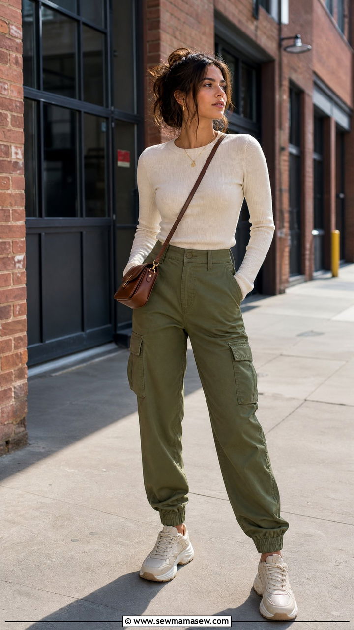 Fine knit sweater with cargo pants - 35 Layering outfits for changing weather