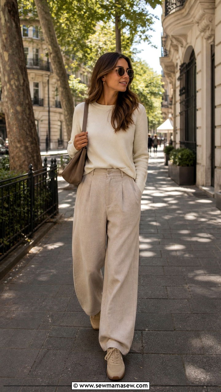 Fine knit sweater with linen trousers and suede sneakers - 40 What to wear in Madrid