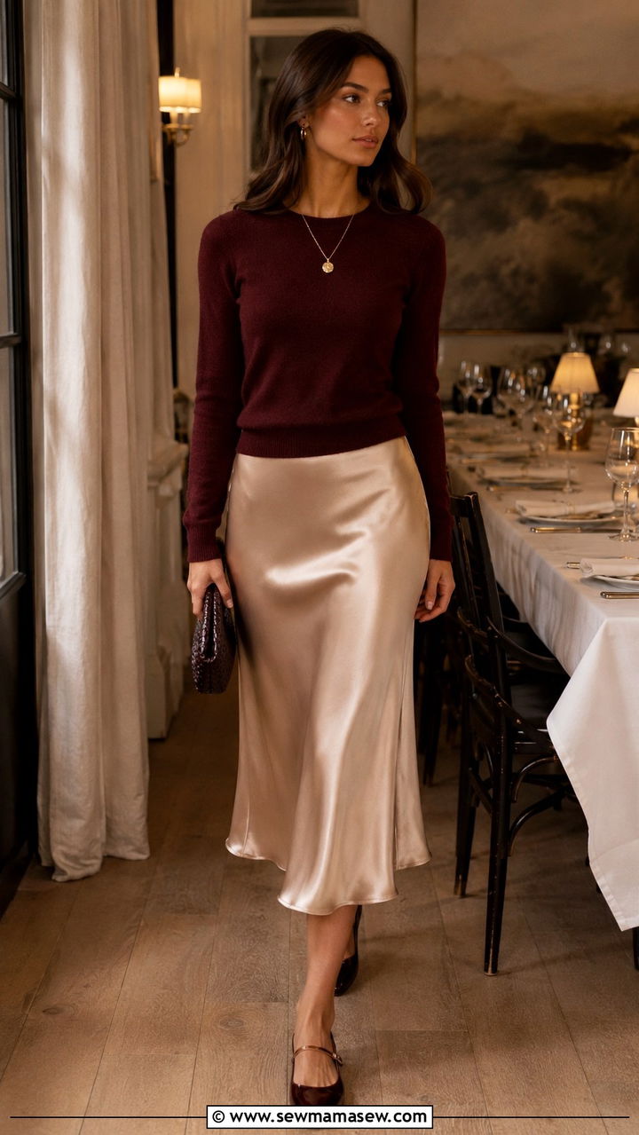 Fine knit sweater with midi slip skirt - 25 Old money outfit ideas with Mary Jane flats
