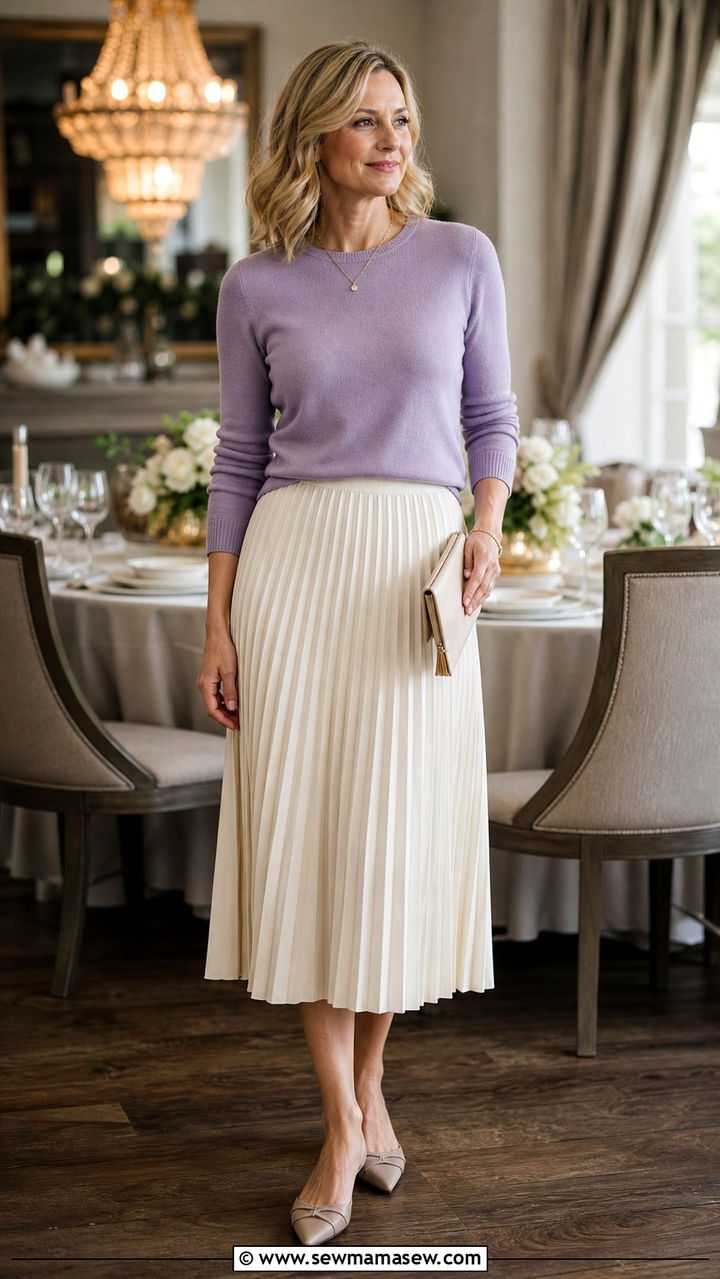 Fine knit sweater with pleated midi skirt spring outfit - 40 Spring outfit ideas for women over 40 2026