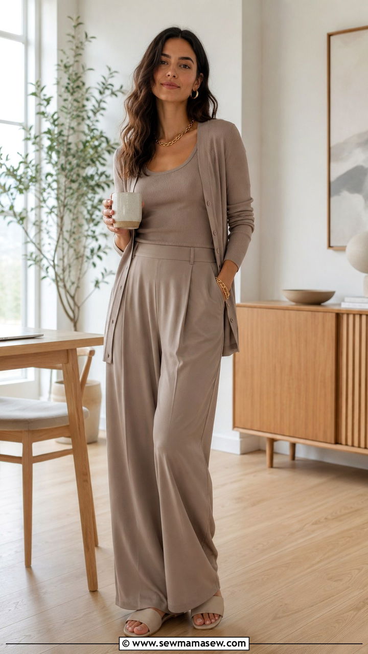Fine ribbed tank with matching cardigan and flowy trousers - 30 Spring outfit ideas for work from home