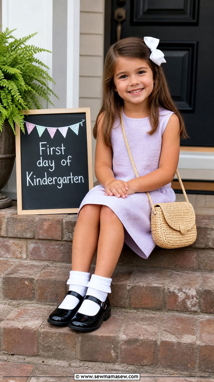 First day of school outfit with Mary Janes and a linen dress - 25 First day of school photo outfit ideas