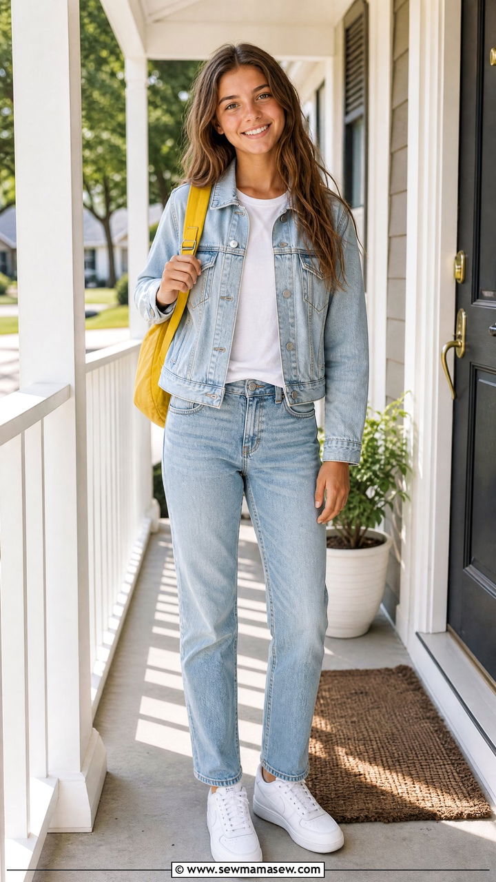 First day of school outfit with denim jacket and jeans - 25 First day of school photo outfit ideas
