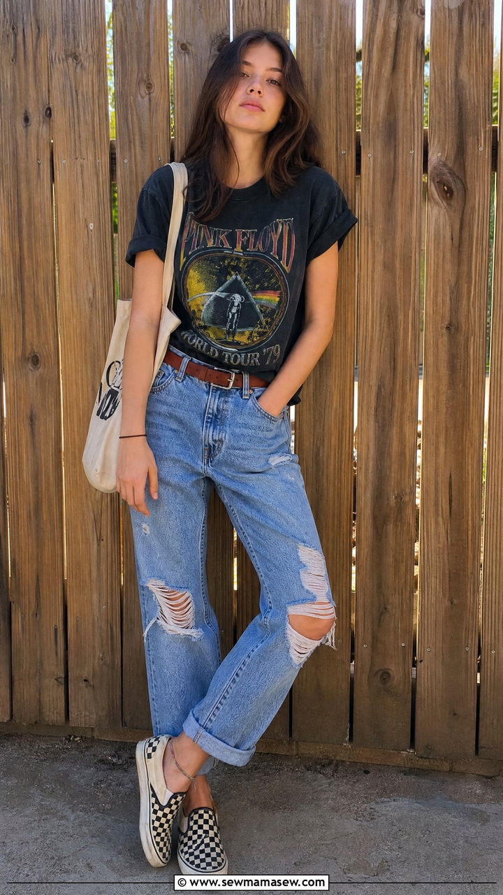 First day of school outfit with graphic tee and ripped jeans - 25 First day of school photo outfit ideas