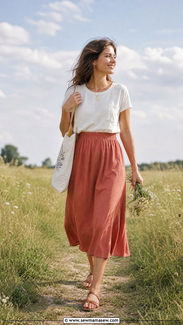 First day of school outfit with midi skirt and a tucked in tee - 25 First day of school photo outfit ideas